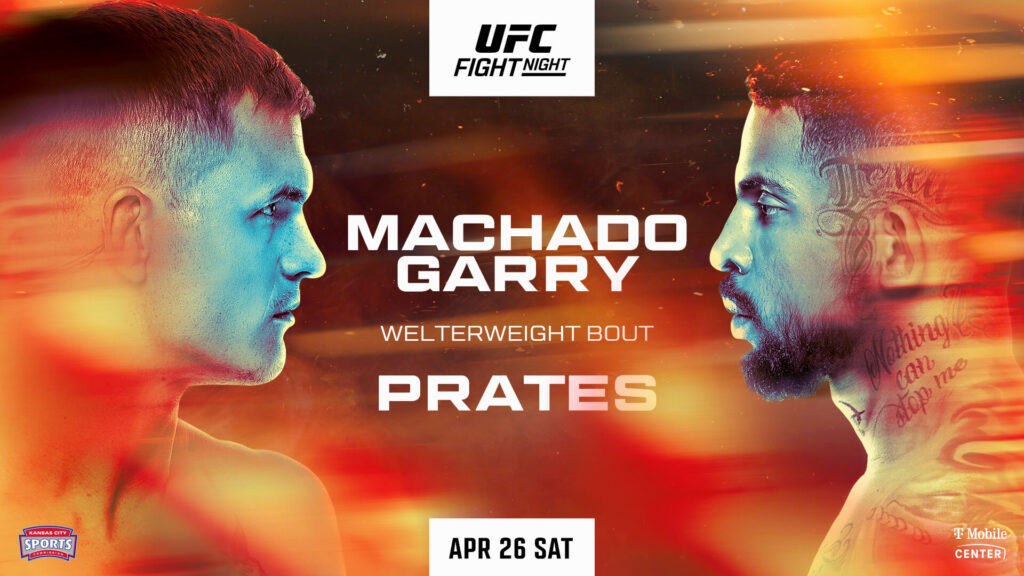 04-26_SG_BA_ENG_1920x1080-2 Promotional poster for UFC Fight Night featuring a welterweight bout between Machado Garry and Prates, scheduled for Saturday, April 26 at T-Mobile Center. The fighters face off with intense expressions, and the background has dynamic red and orange lighting effects.