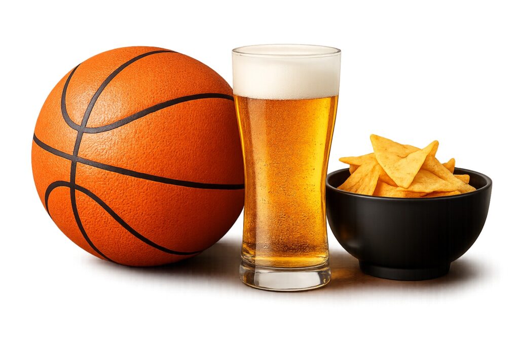 Basketball ball, beer glass and nachos