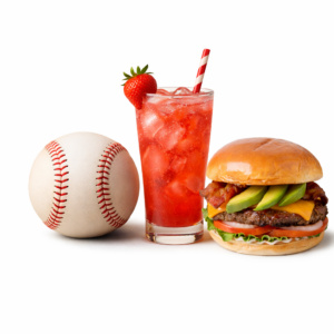 MLB F&B Image Image of a baseball a strawberry refresher and an All-American burger
