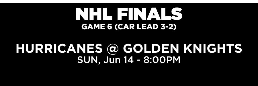 NHL Finals – EST NHL Finals. Game 6. Hurricanes @ Golden Knights. Hurricanes lead 3-2. Sunday, June 14th at 8PM