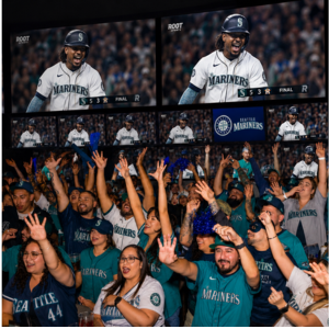 Seattle Mariners fans watching and celebrating a Mariners game at Tom's Watch Bar Seattle