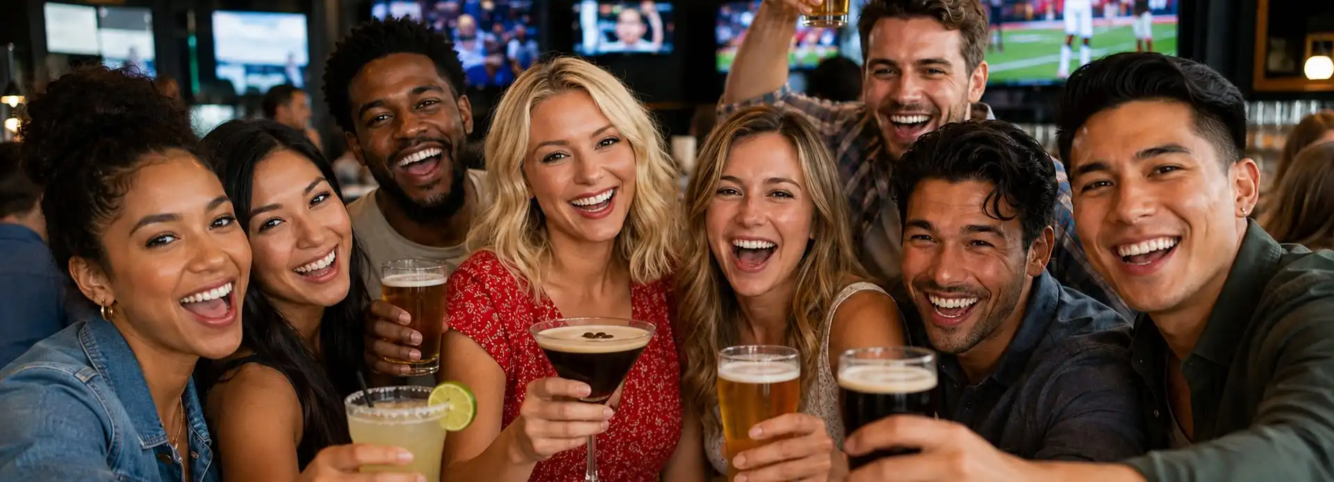 Friends toasting with beers, a margarita and an espresso martini at a sports bar private event, live games on TVs behind